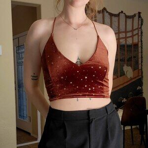 Gold and Rust Brown Velvet Crop Top